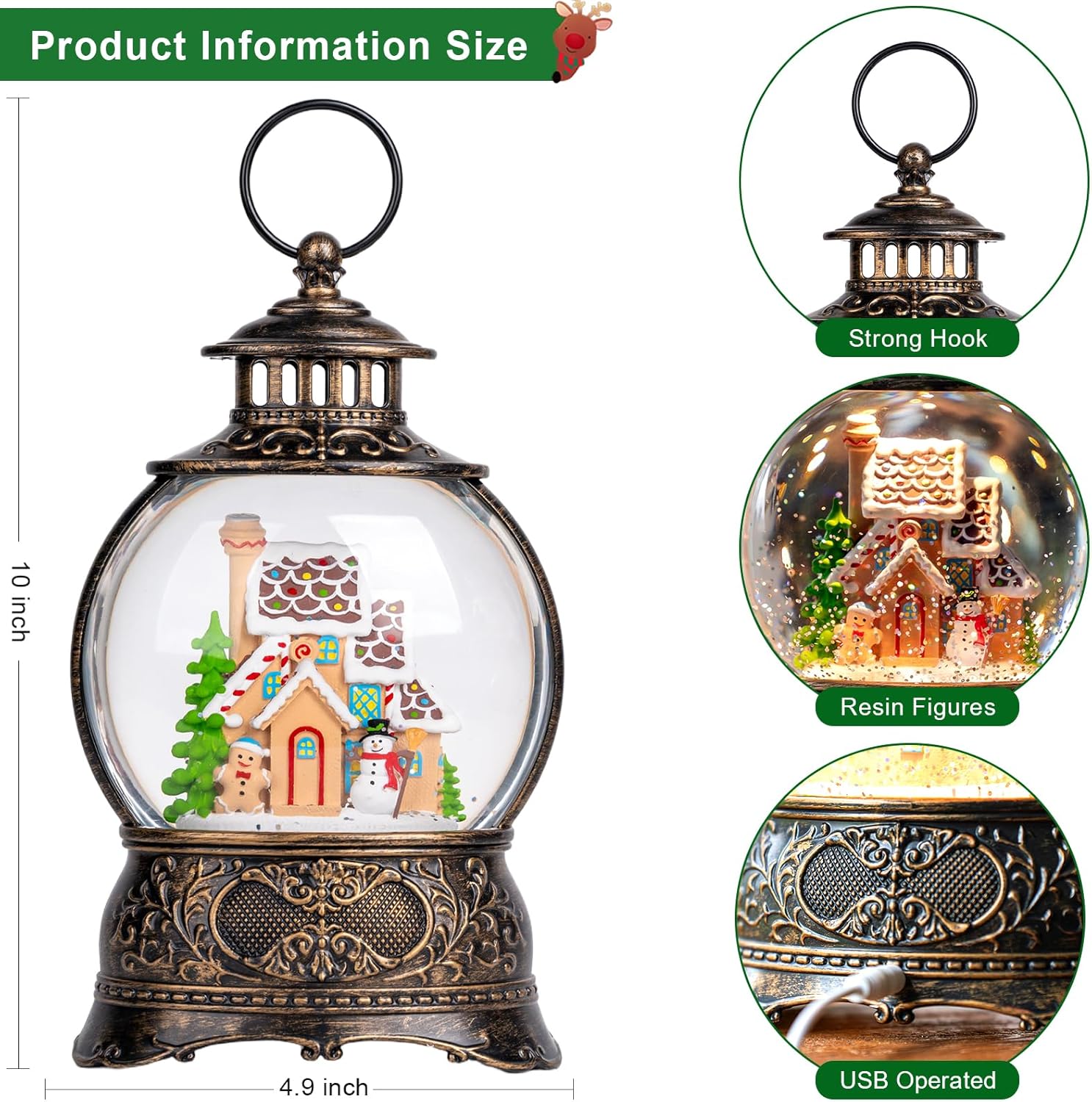 Regine Switzerland Christmas Snow Globe - Gingerbread Man & Snowman Water Lantern with Music & Timer | USB/Battery Operated Holiday Decor