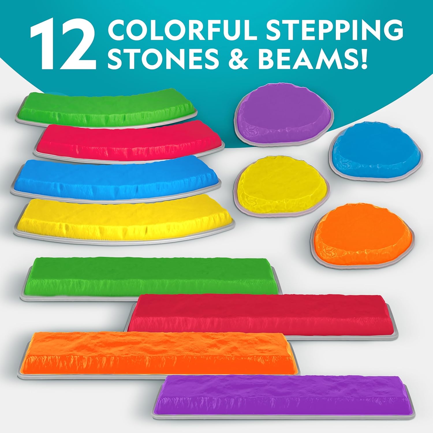 National Geographic Kids Stepping Stones & Balance Beams - 12-Piece Obstacle Course for Ages 3+ with Foam Dice & Non-Slip Base
