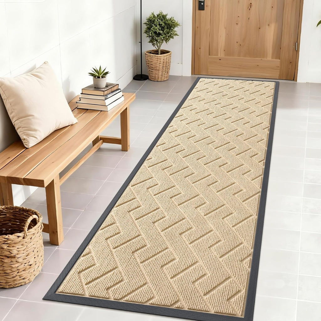 OLANLY Waterproof Front Door Mat - All-Season Herringbone Design | Sturdy Natural Rubber, Easy Clean (Beige, 71x23)