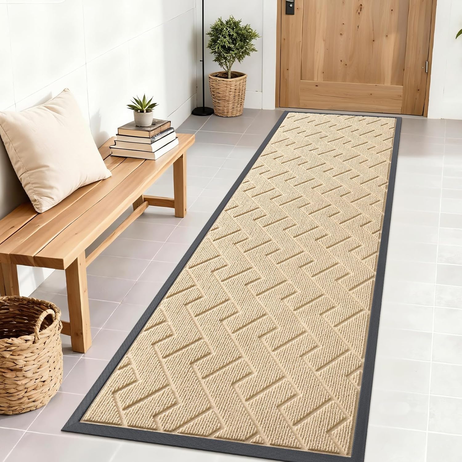 OLANLY Waterproof Front Door Mat - All-Season Herringbone Design | Sturdy Natural Rubber, Easy Clean (Beige, 71x23)