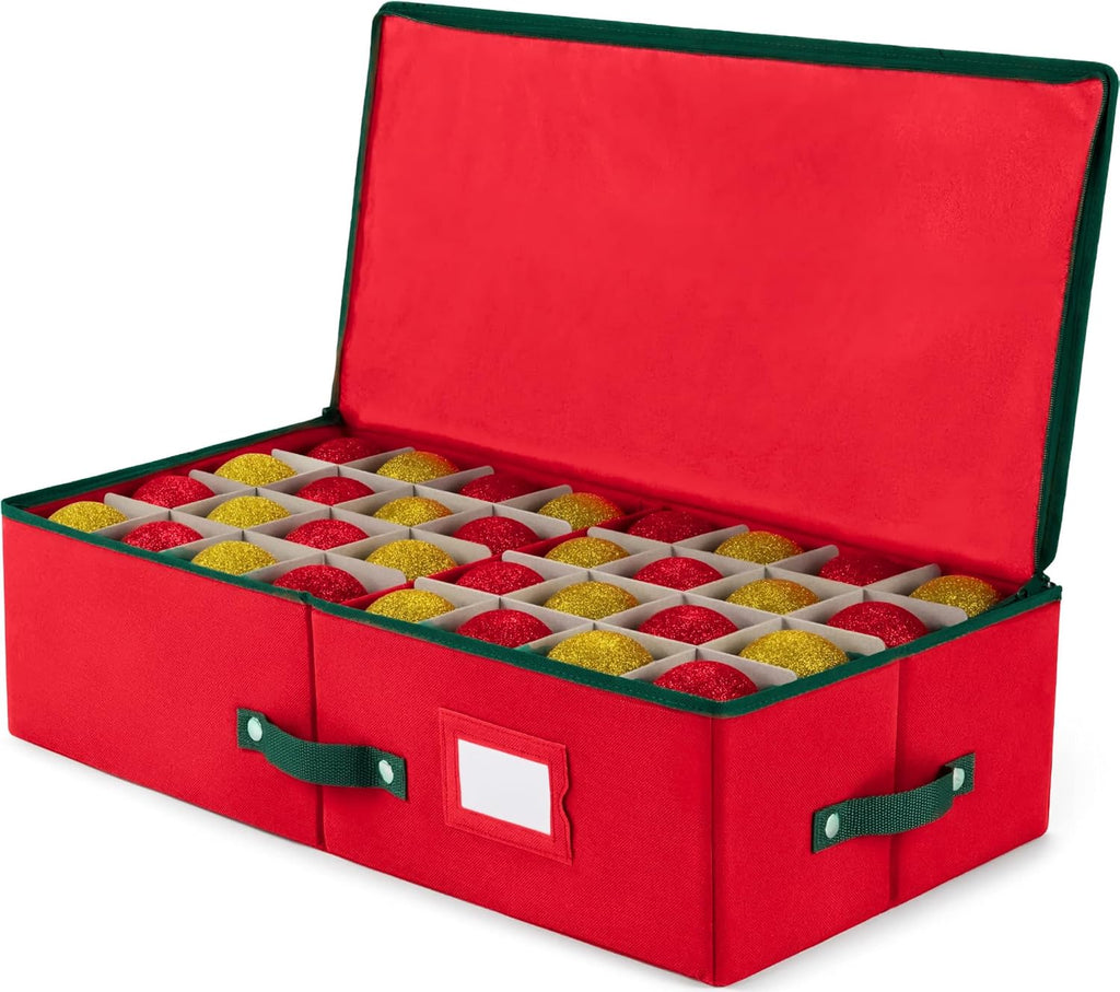 ZOBER Ornament Storage Box - Holds 64 3" Ornaments with Dividers - Durable Tear-Proof 600D Oxford Fabric | Red