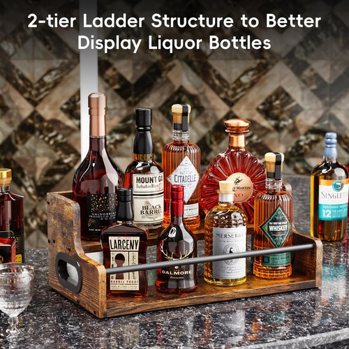 KLM Liquor Bottle Display Shelf, Coffee Syrup Rack Organizer, 2 Step Countertop Liquor Wine Rack, mini bar,Liquor Cabinet, Home Retro Bar Shelf Stand for Liquor Whiskey, Spirits, Brown