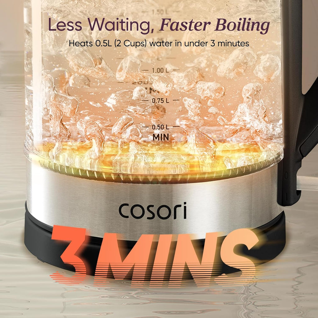 Cosori Electric Kettle - 1.7L Borosilicate Glass Tea Kettle | No Plastic Contact & Auto Shut Off, Black