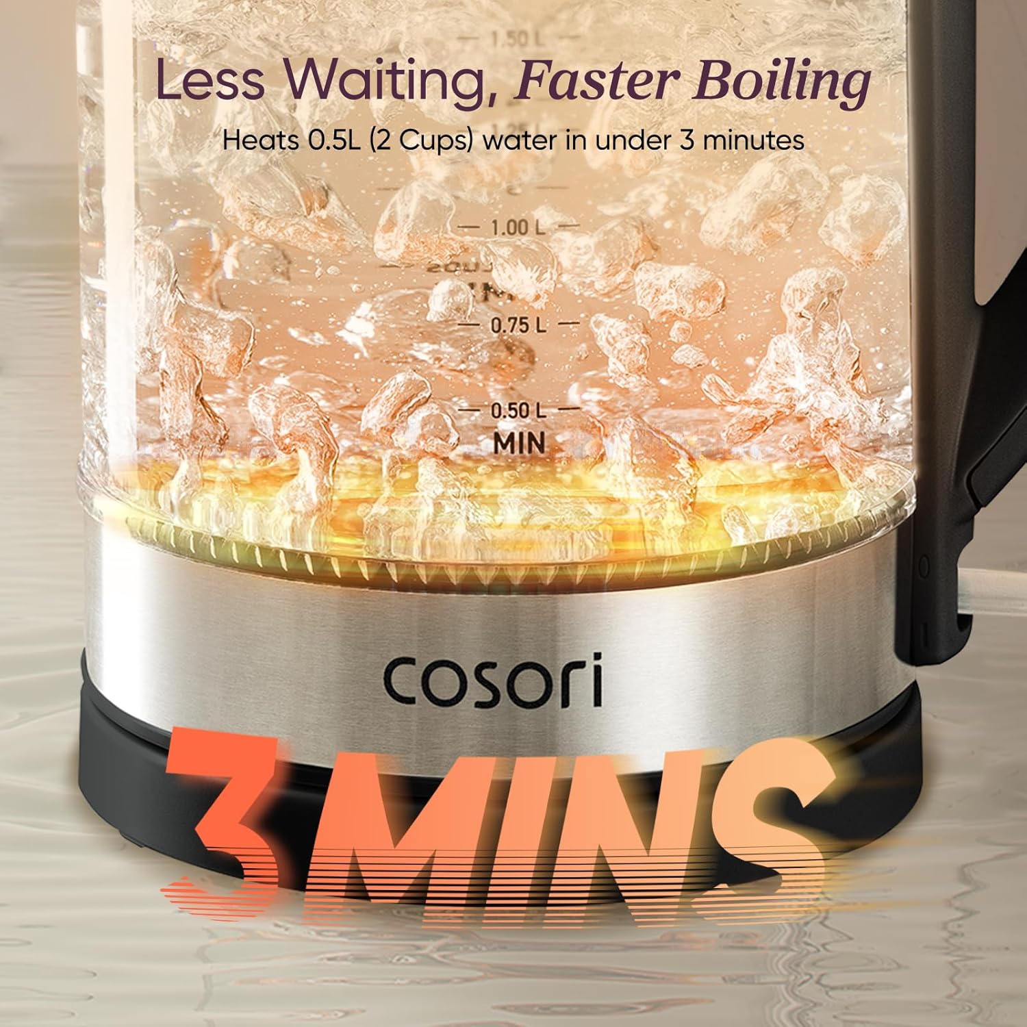 Cosori Electric Kettle - 1.7L Borosilicate Glass Tea Kettle | No Plastic Contact & Auto Shut Off, Black
