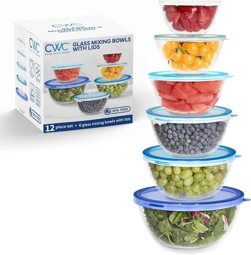 Cook With Color 12-Piece Glass Mixing Bowl Set - Borosilicate Nesting Bowls with Lids for Cooking & Baking, Blue