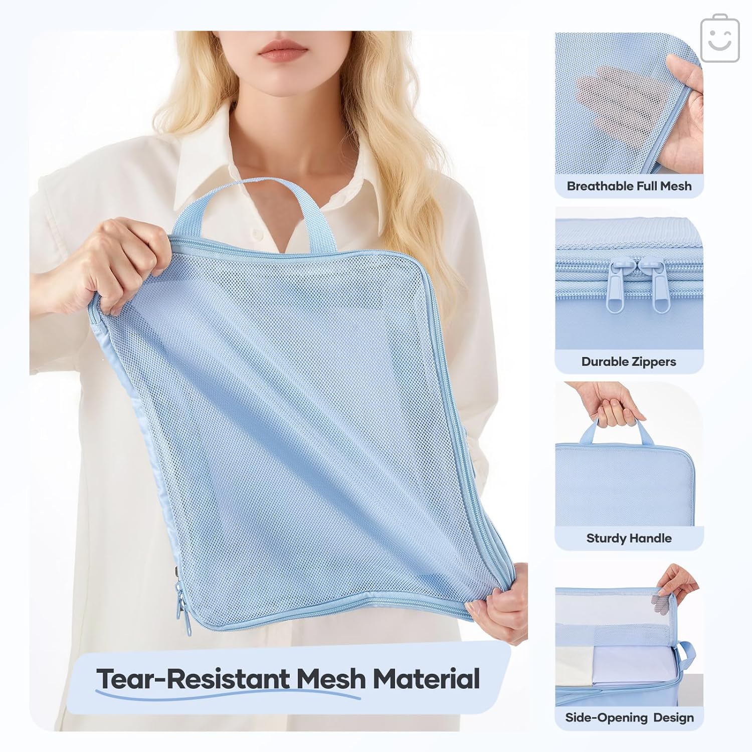 Veken Compression Packing Cubes - Expandable Travel Organizer Set | Durable Light Blue Luggage Bags
