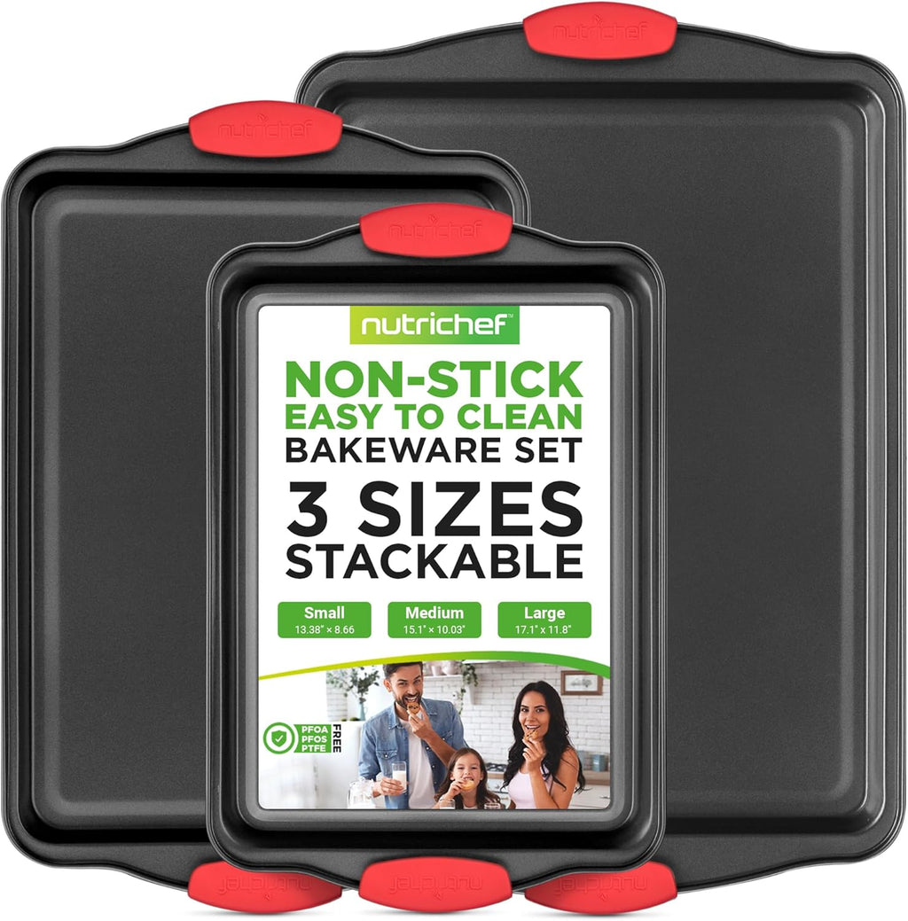 NutriChef 3-Piece Nonstick Baking Pans Set - Premium Commercial Grade Bakeware with Red Silicone Handles