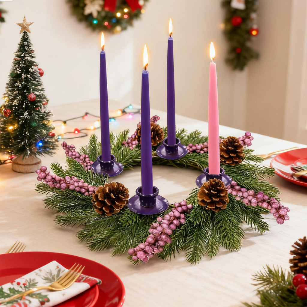 [ Safety Fire Retardant ] Christmas Advent Wreath, Purple Christmas Wreaths with 4 Candle Holder 4 Pinecones 6 Berry Christmas Centerpieces Decorations for Advent Church Table Holiday Home(No Candles)