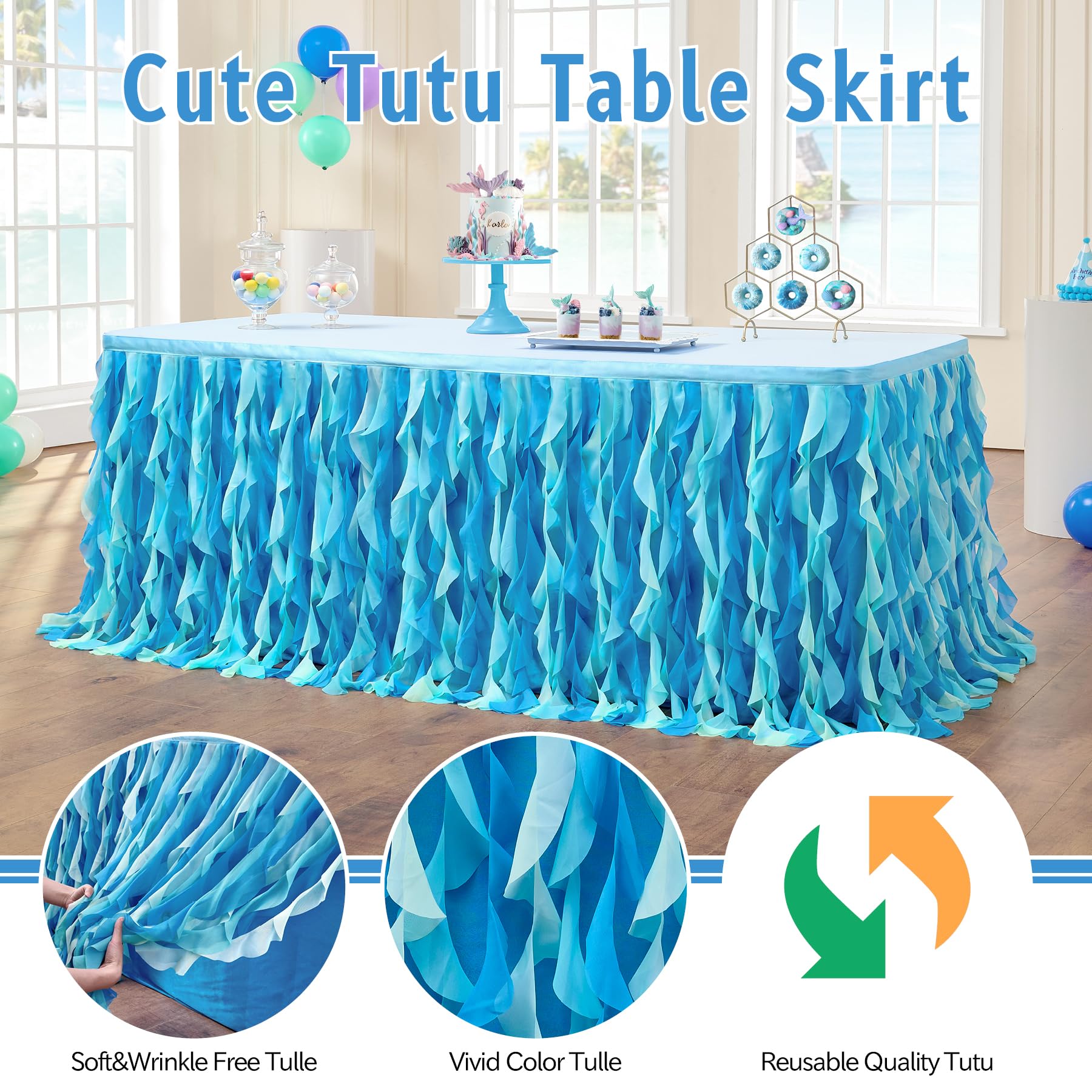 leegleri 14ft Tutu Table Skirt for 6/8ft Rectangle or Round Tables-Under The Sea Ocean Blue Baby Shark Themed Tutu Table Skirt for Baby Shower, Birthday Party,Gender Reveal
