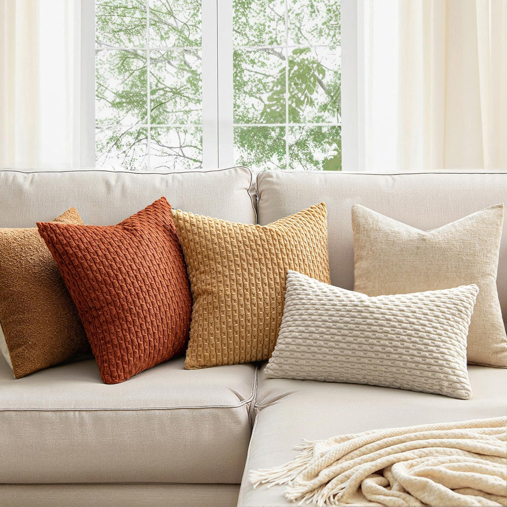 MIULEE Throw Pillow Covers - Soft Corduroy Boho Striped Decorative Pillowcases | Set of 2, 18x18 Inch, Rust