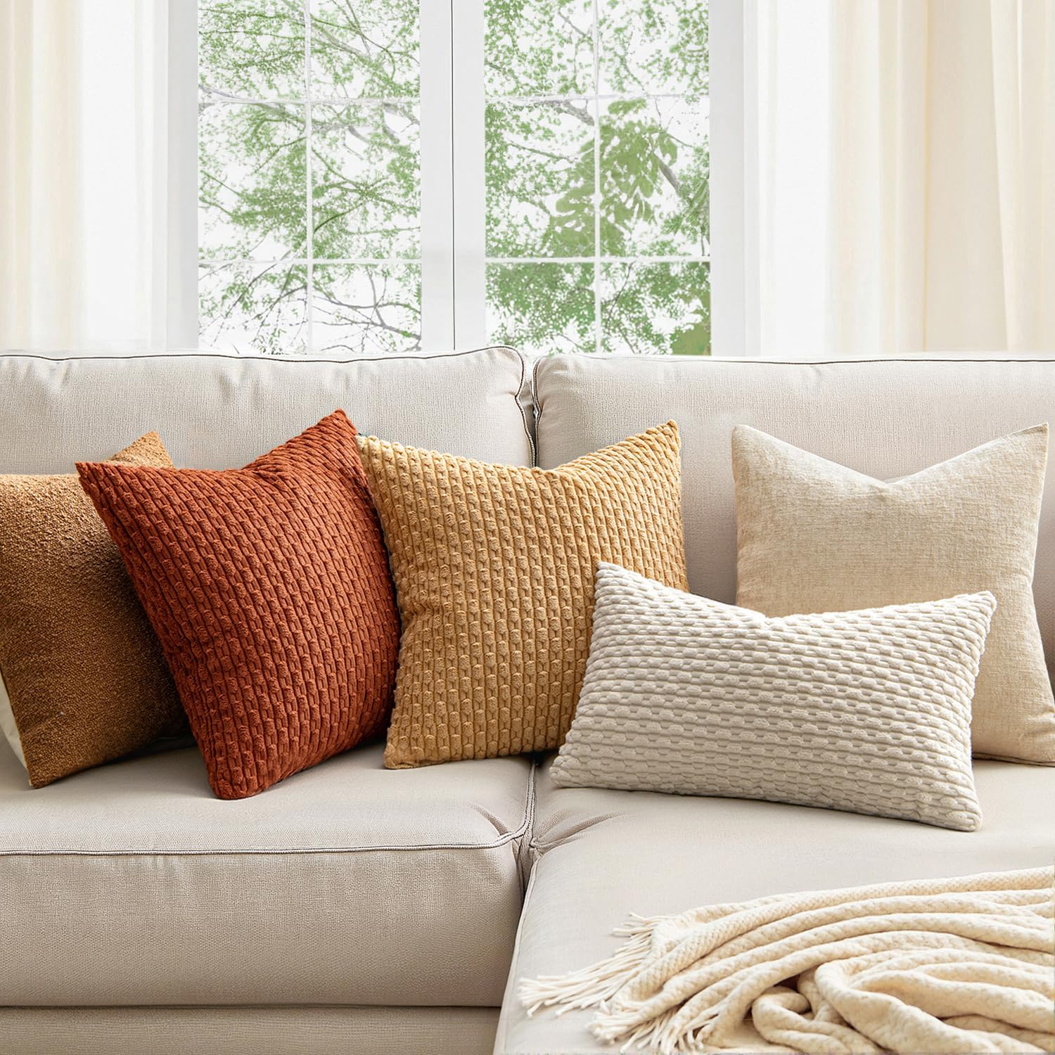 MIULEE Throw Pillow Covers - Soft Corduroy Boho Striped Decorative Pillowcases | Set of 2, 18x18 Inch, Rust
