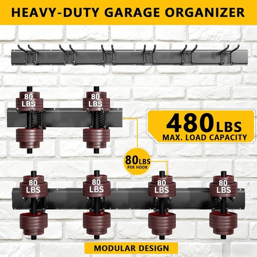 Garage Tool Organizer by [Brand Name] - 48-Inch Heavy-Duty Wall Mount Storage System with 6 Adjustable Hooks for Yard Tools