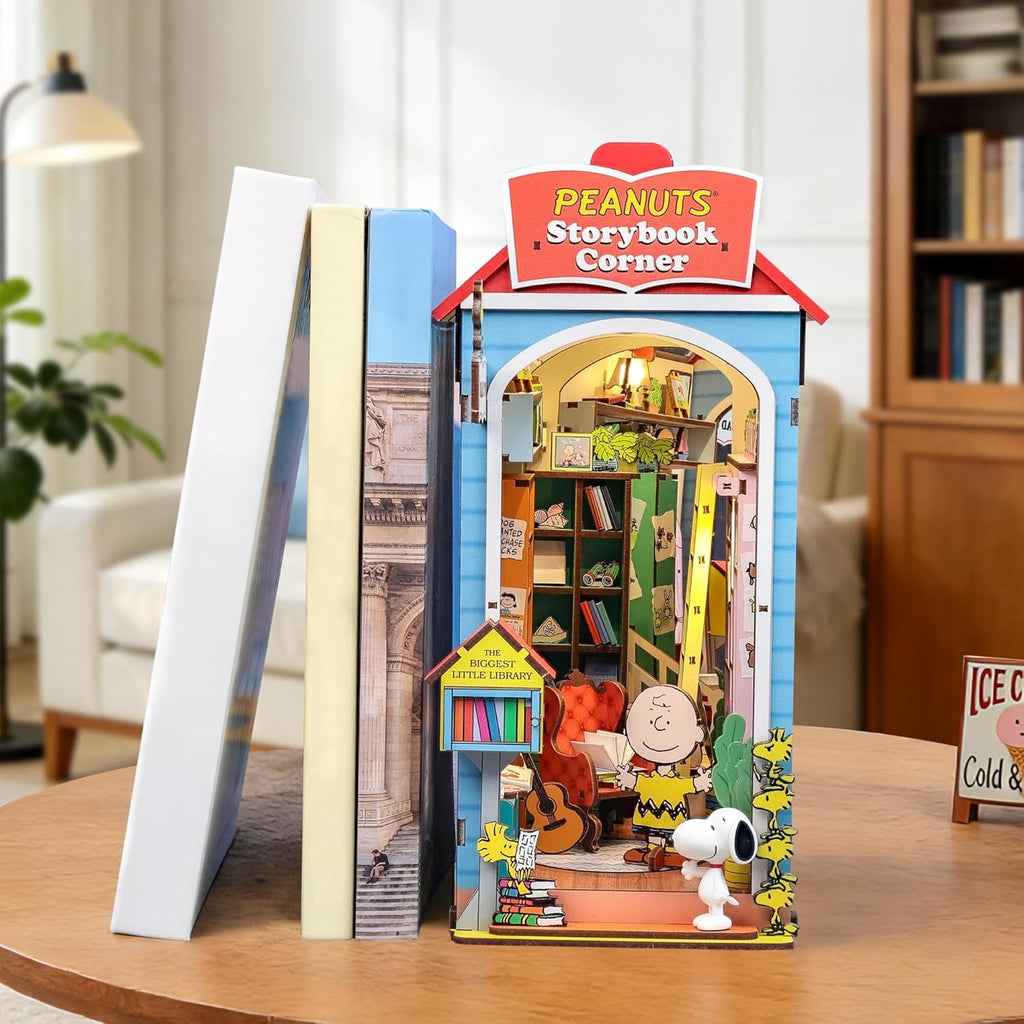 Peanuts Storybook Corner Book Nook Kit - 3D Wooden Puzzle with Snoopy Figurine & LED Light-Up House