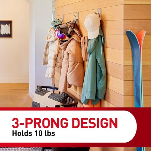 Command X-Large Satin Nickel Triple Hook, 1 Hook, 3 Strips, Damage-Free Hanging with Adhesive Strips, No Tools Wall Hook for Hanging Decorations in Living Spaces