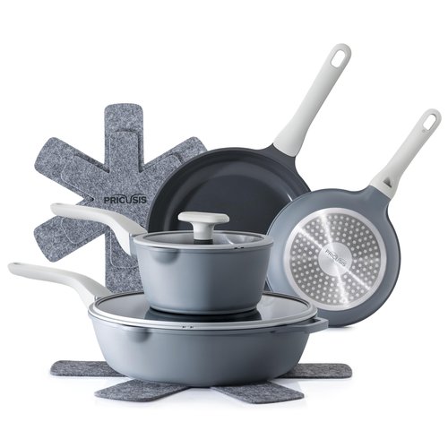 PRICUSIS Nonstick Pots and Pans Set, 9 Pieces Non Toxic Ceramic Nonstick Cookware, Healthy Omelete/Egg Skillet, Healthy Frying Pan, PTFE PFOA & PFAS Free, Induction Compatible, Blueberry Gray