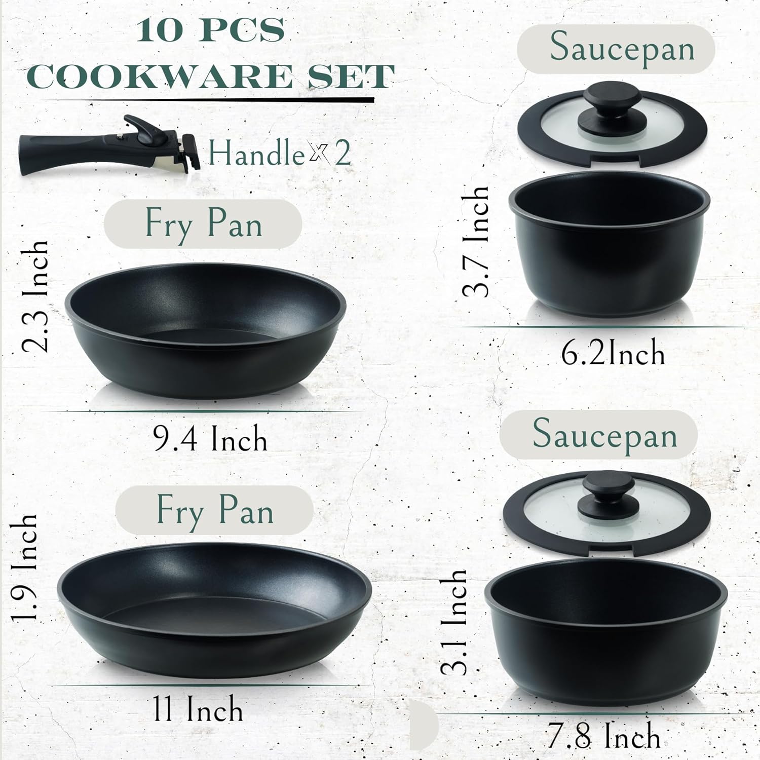 Moss & Stone Nonstick Cookware Set - 10-Piece Space-Saving Pots and Pans with Removable Handles | RV & Induction Ready