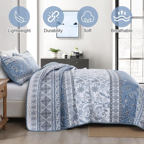 Yiran Blue Boho Quilt Set Queen Size Striped Bedspread Floral Bedding Set 3 Pieces Soft Microfiber Paisley Quilt with 2 Pillow Shams 96" x90''