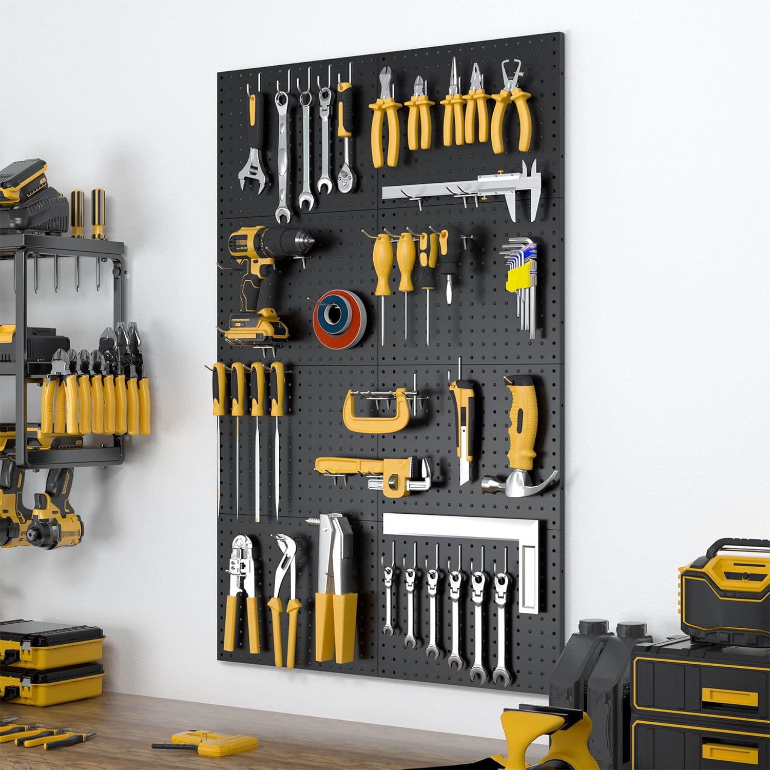 Spampur Metal Pegboard Panels - 8 Pack Heavy-Duty Wall Organizer with 50 Hooks | Black for Home & Garage