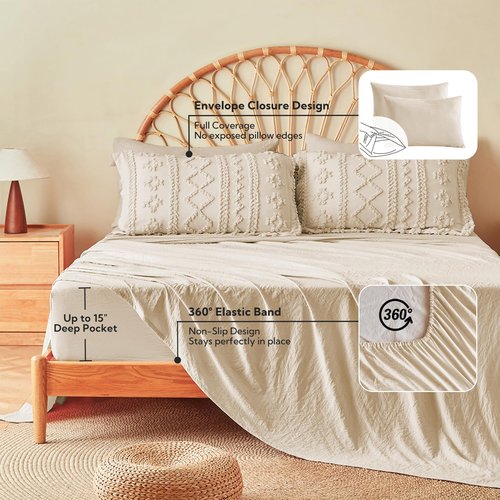 MR&HM Beige Comforter Set Queen, Tufted Boho Bedding Set, Farmhouse Bed in a Bag Set 7 Pieces with 1 Comforter, 2 Pillow Shams, 2 Pillowcases, 1 Flat Sheet, 1 Fitted Sheet for All Seasons