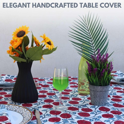 Handblock Print Cotton Tablecloth – 72x180 Rectangle Table Cover Seats 6–8 – Indian Block Printed Floral Dining Table Linen – Boho Washable Cloth for Kitchen, Party, Outdoor (White)