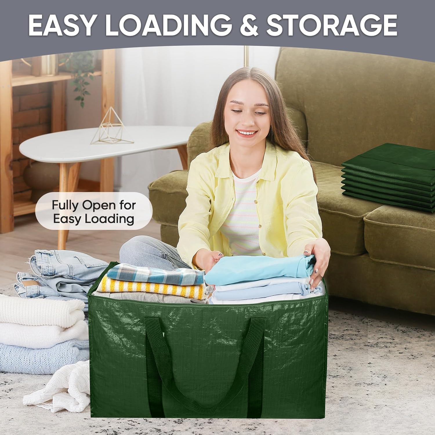TICONN Extra Large Heavy-Duty Moving Bags - Durable Storage with Zippers & Handles | 6 Pack, Olive