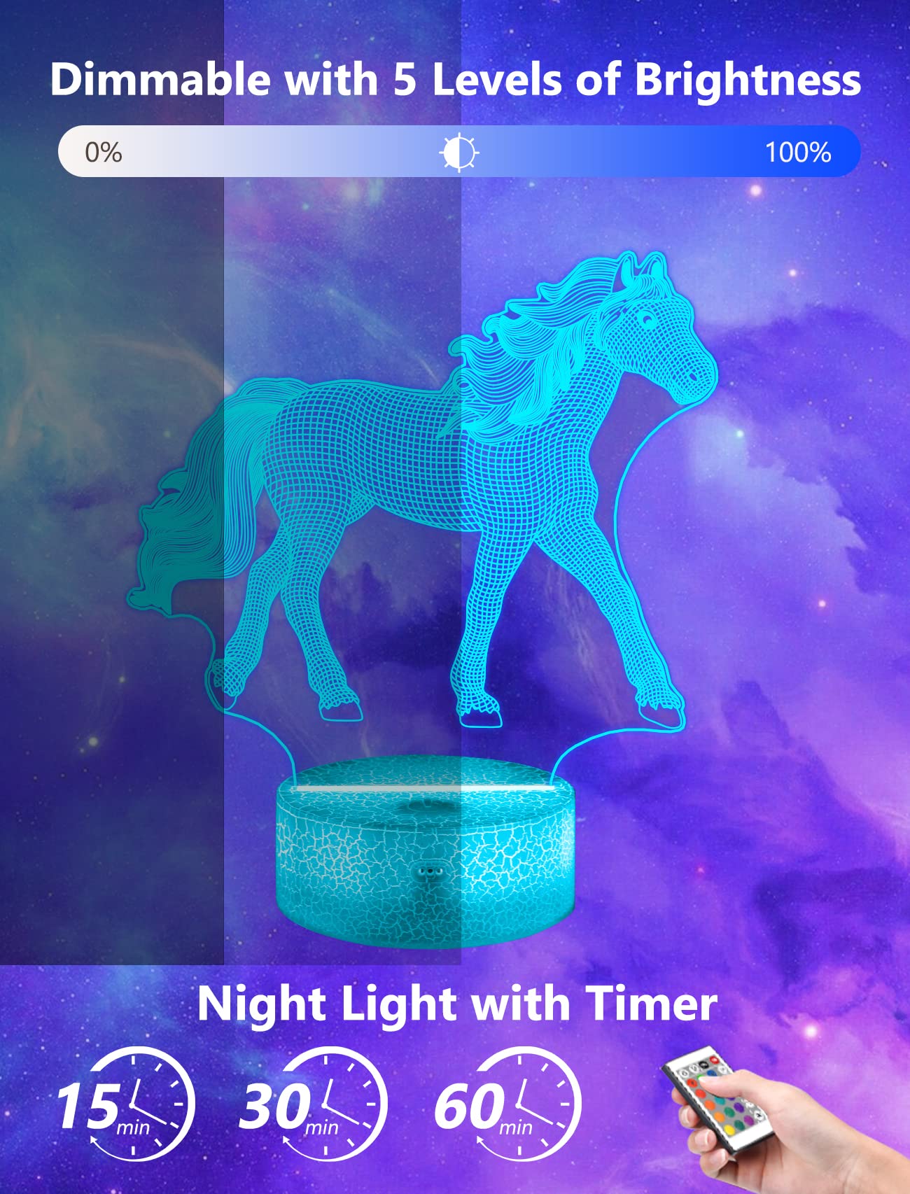 FULLOSUN Horse Gifts for Girl, Horse 3D Night Lights for Kids Illusion Lamp 16 Colors Changing with Remote Birthday Gifts for Child Baby Boy and Girl
