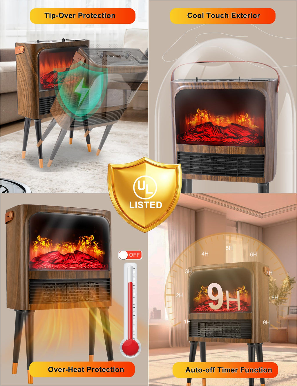 Electric Fireplace Heater with 3D Realistic Flame, Humidifier, Thermostat, Safety Protection, Remote Control, Timer, Electric Space Heater, 1500W/750W Portable Fireplace Heater for Indoor Use