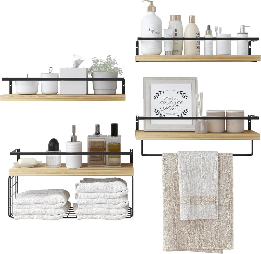 Wood Floating Shelves - Rustic Wall-Mounted 4-Tier Bathroom Shelves with Wire Basket & Towel Bar