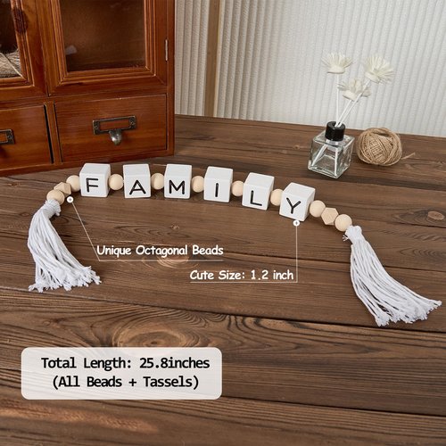 Family Letter Block Wood Bead Garland with Tassels, Farmhouse Decorative Beads, Modern Wooden Beads Garland for Tabletop, Tiered Tray, Mantel, Family Decor