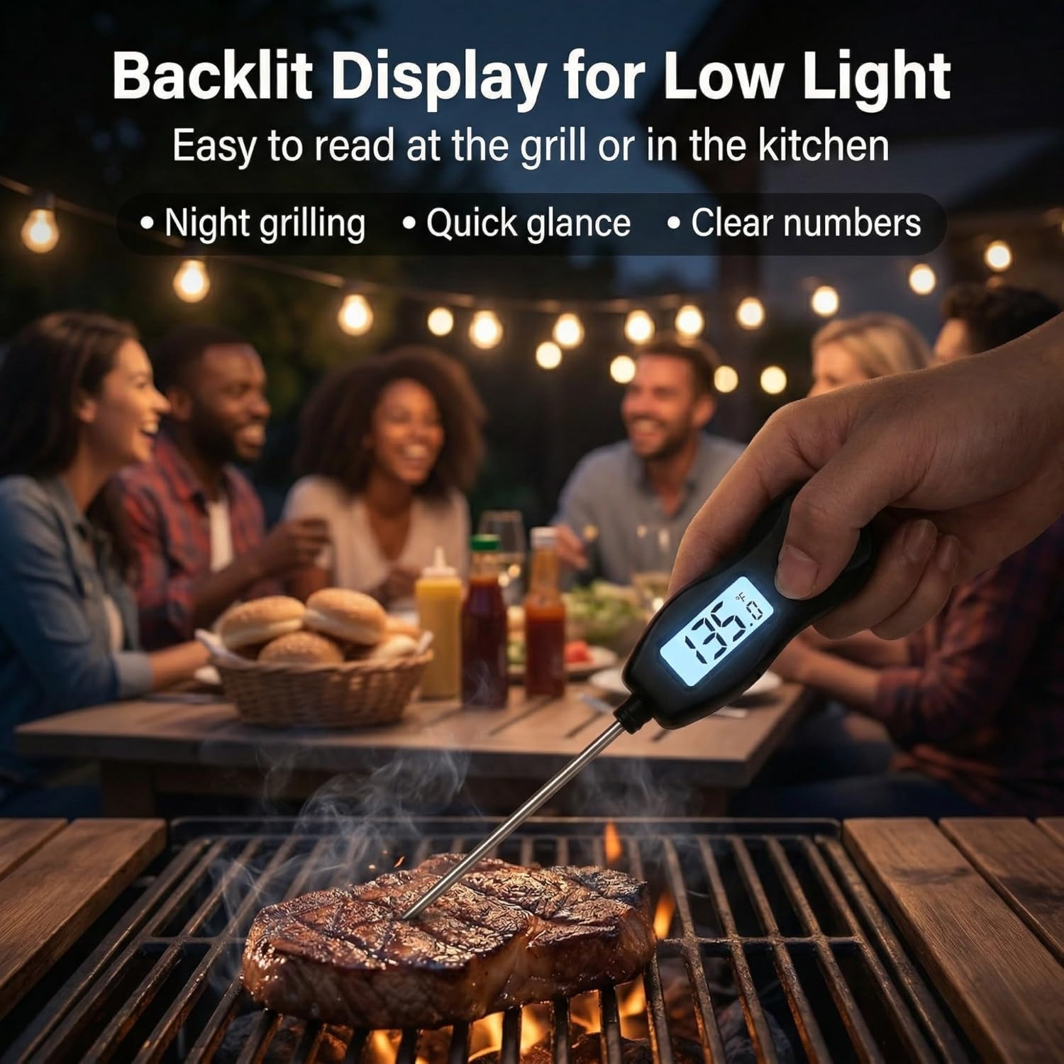 Meat Thermometer Digital - Instant Read Waterproof Food Thermometer with Backlight for BBQ, Grilling & Baking (Black)