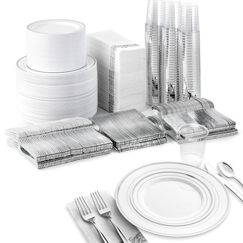 700 Piece Silver Dinnerware Set: 200 Silver-Rim Plastic Plates, 100 Silver Silverware, 100 Plastic Cups, 100 Cloth-Like Napkins, Bulk Wedding Plates Disposable Set 100 Guests