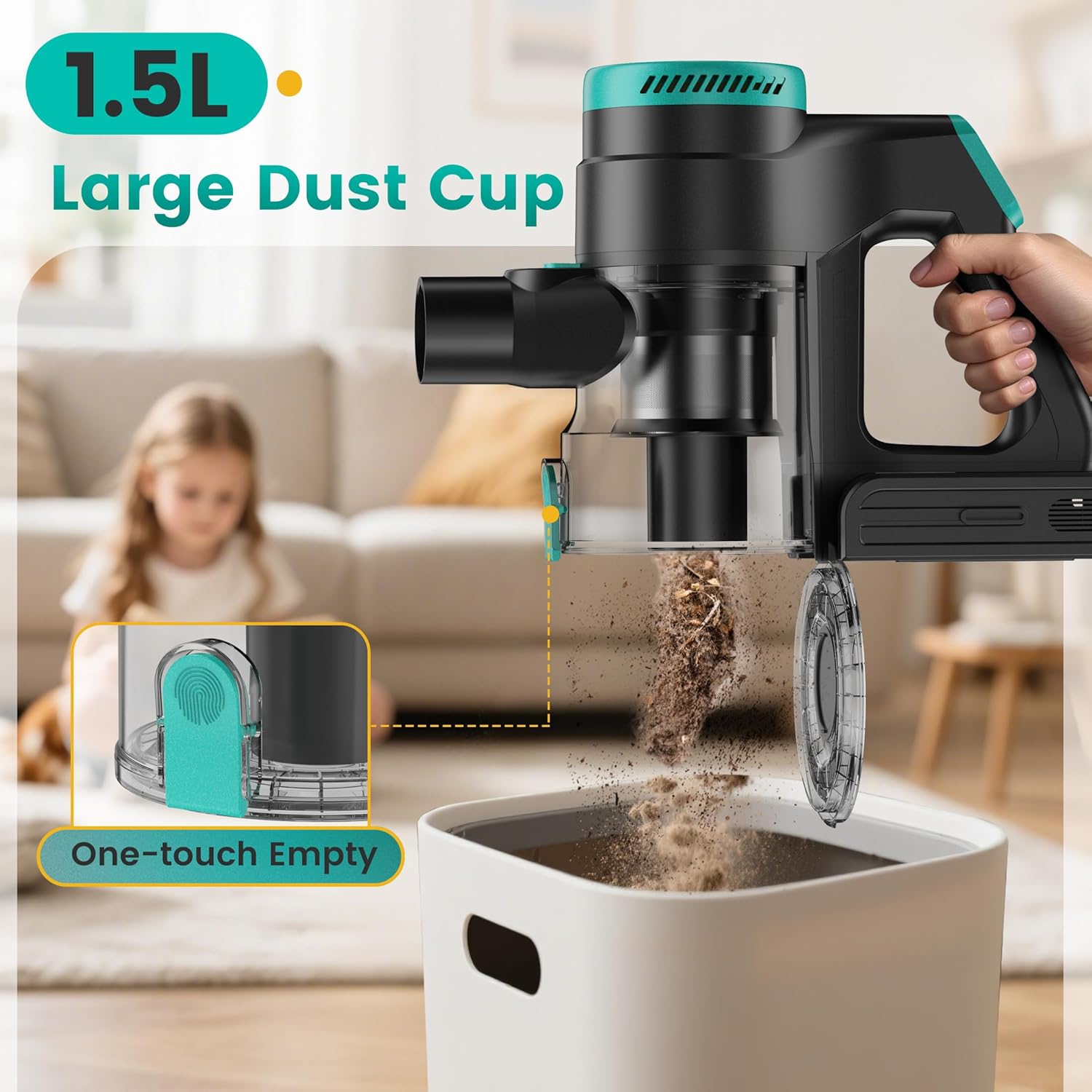 Zefiro 350W Cordless Vacuum Cleaner - 45 Minutes Runtime, Lightweight Design, 1.5L Dust Cup | Ideal for Hardwood Floors & Pet Hair (Green)