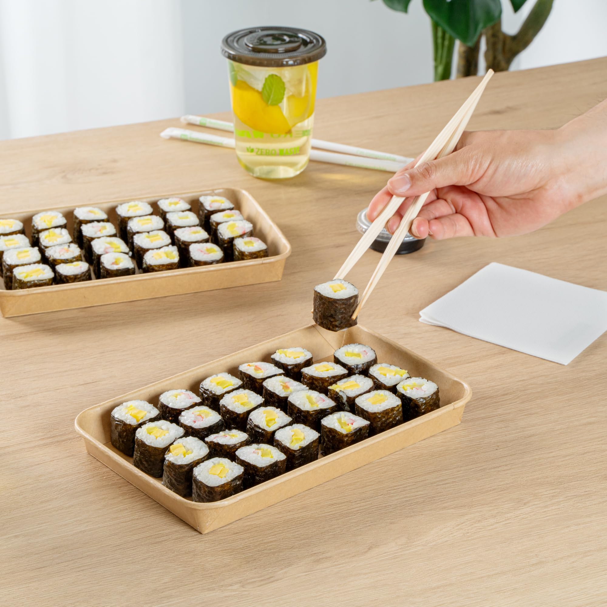 Matsuri Vision 9.5 x 6 x 0.9 Inch Sushi Trays, 100 Greaseproof Sushi Packaging Boxes - Lids Sold Separately, Disposable, Kraft Paper Sushi Containers, For Appetizers Or Desserts - Restaurantware
