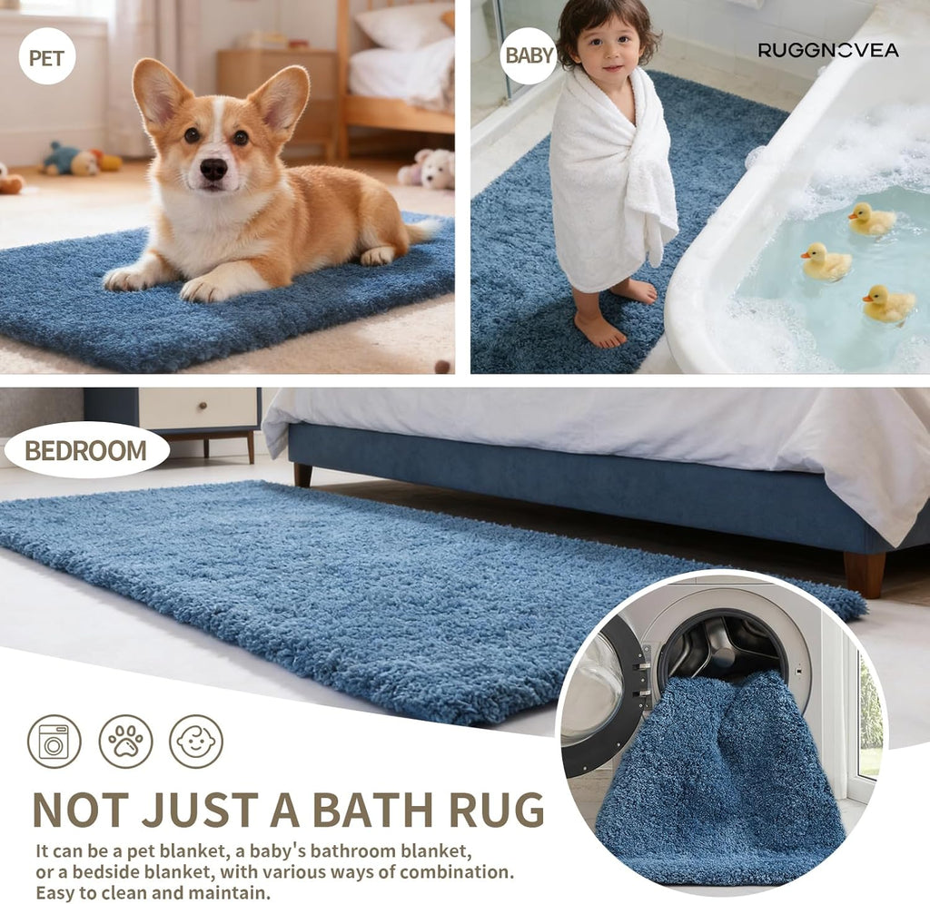 Skiennix Non-Slip Bathroom Rugs - Ultra Thick Microfiber Bath Mats | Absorbent & Fluffy 24x17, Blue
