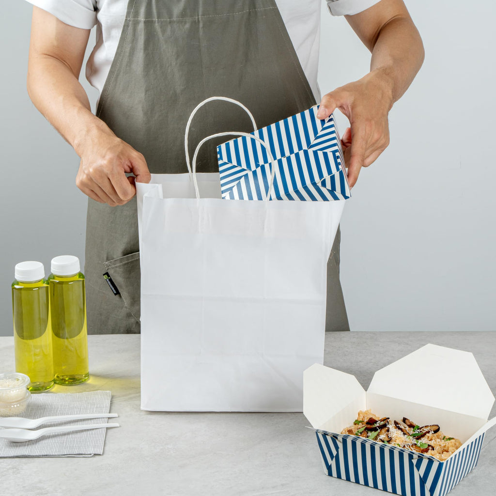 Restaurantware-Bio Tek 6.7 x 5.5 x 2.6 Inch Food Containers, 200 Durable Takeaway Boxes - Disposable, Striped, Blue And White Paper 45 Ounce Takeout Boxes, Rectangle, For Takeouts And Delivery