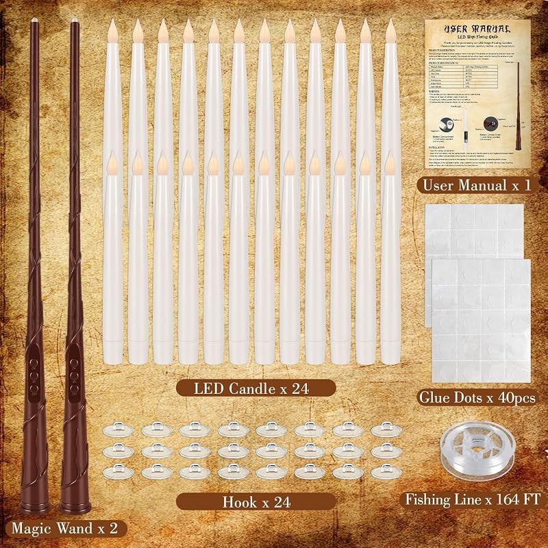 White 24-Pack Floating LED Candles with Magic Wand - Flameless Taper Candles for Halloween & Holiday Decor
