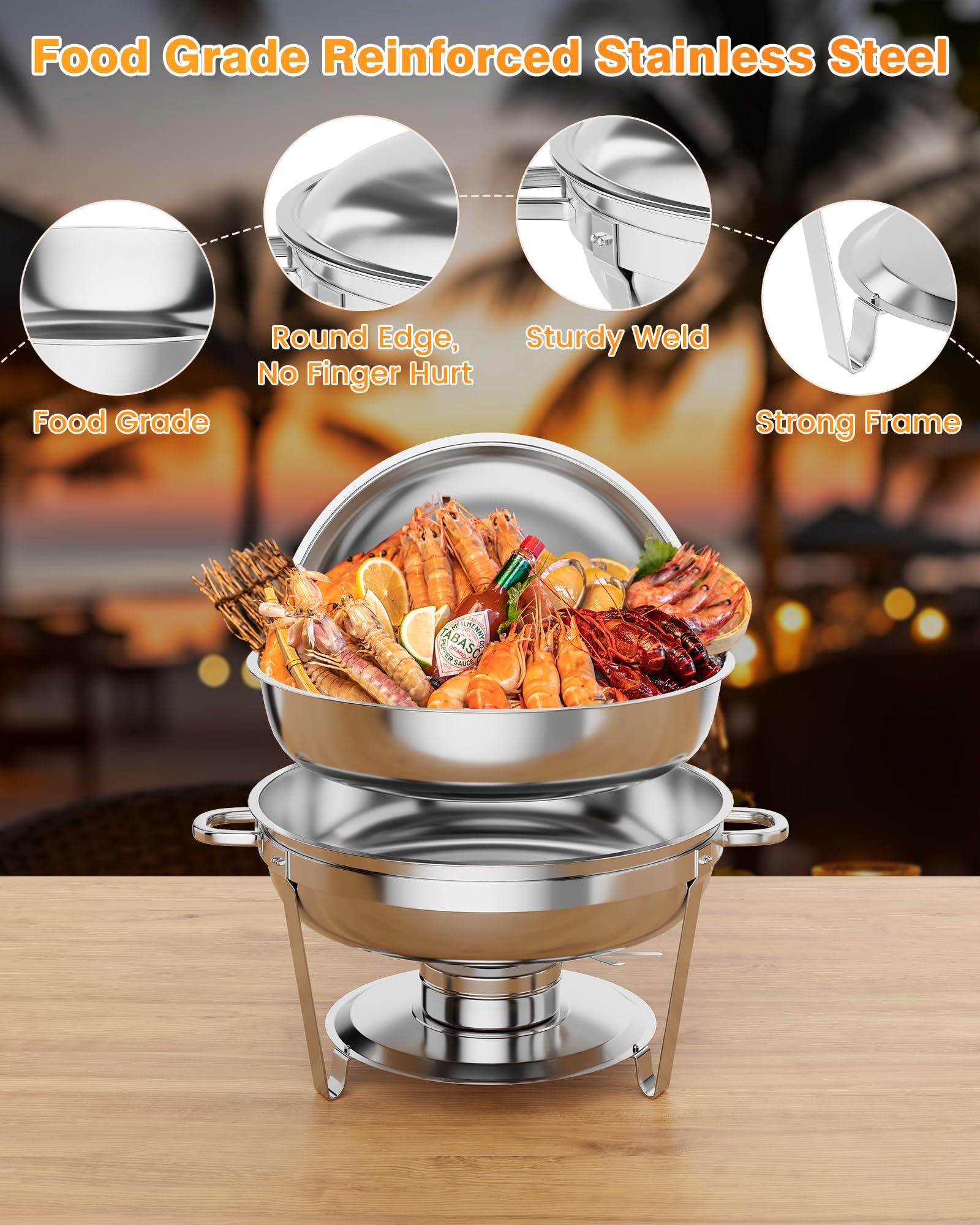 Chafing Dish Buffet Set 2 Pack, 5 QT Round Stainless Steel Chafer and Food Warmers with Food & Water Pan, Lid, Frame, Fuel Holder for Catering, Parties, Events, Wedding, Camping, Dinner