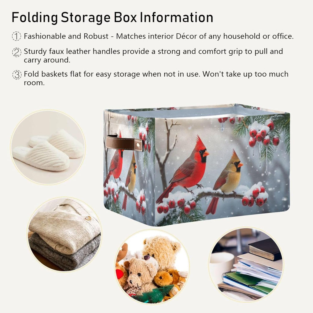Winter Cardinal Birds Fabric Laundry Basket - Christmas Storage Organizer for Toys, Books & More | 16x12x8