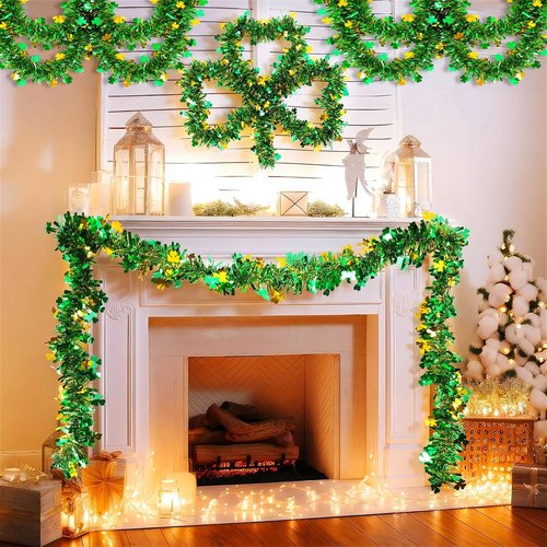 Craftsatin 52ft St Patricks Day Decorations Irish Tinsel Garland Red Pink Heart Gold Green Shamrock Tinsel Garland for Home Indoor Outdoor Wedding Hanging Valentines Irish Holiday Party Decor