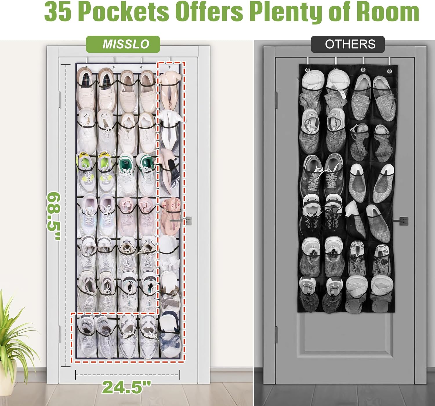 MISSLO Over The Door Shoe Organizer - 35 Clear Large Pockets, Sturdy Oxford Fabric, White