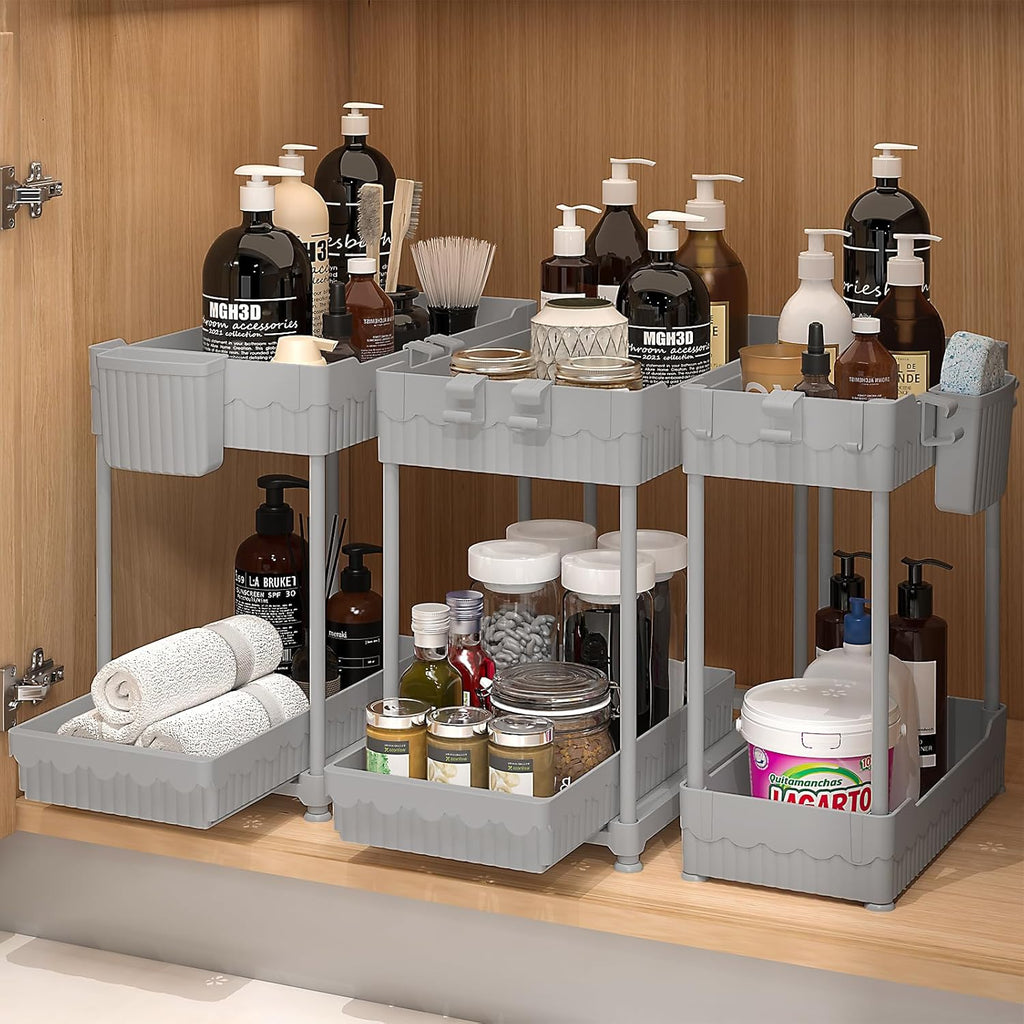 Sevenblue 3-Pack Under Sink Organizers - 2-Tier Kitchen & Bathroom Storage with Sliding Drawers | Gray, 14.8 Inch