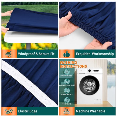 Showgeous 10-Pack Rectangle Picnic Table Cloth - Outdoor Elastic Tablecloth, Waterproof Spandex, Navy Blue, 30"x96"