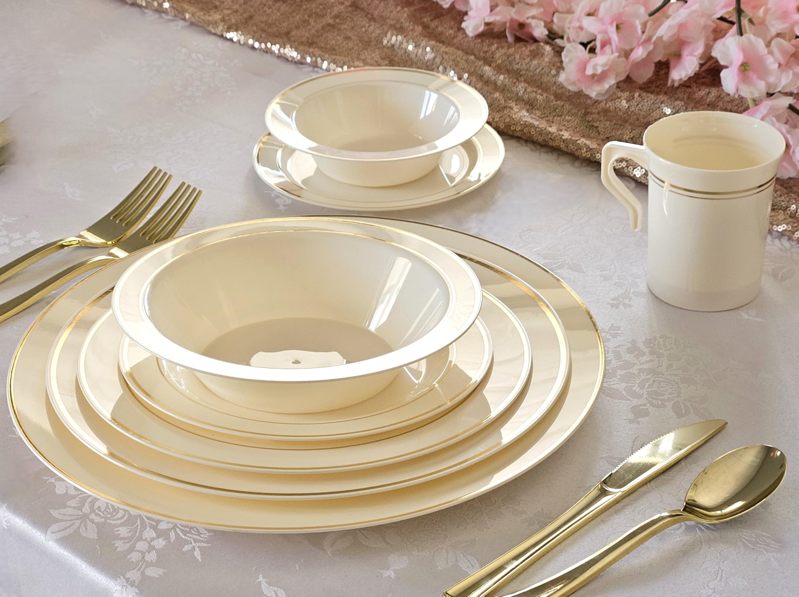 OCCASIONS 40 Pack Disposable Plastic Charger Plates 12 Inch, Heavy Duty Bulk Chargers for Dinner Plates, Wedding Party, Fancy Dinnerware, Recyclable BPA Free (Ivory & Gold Rim)