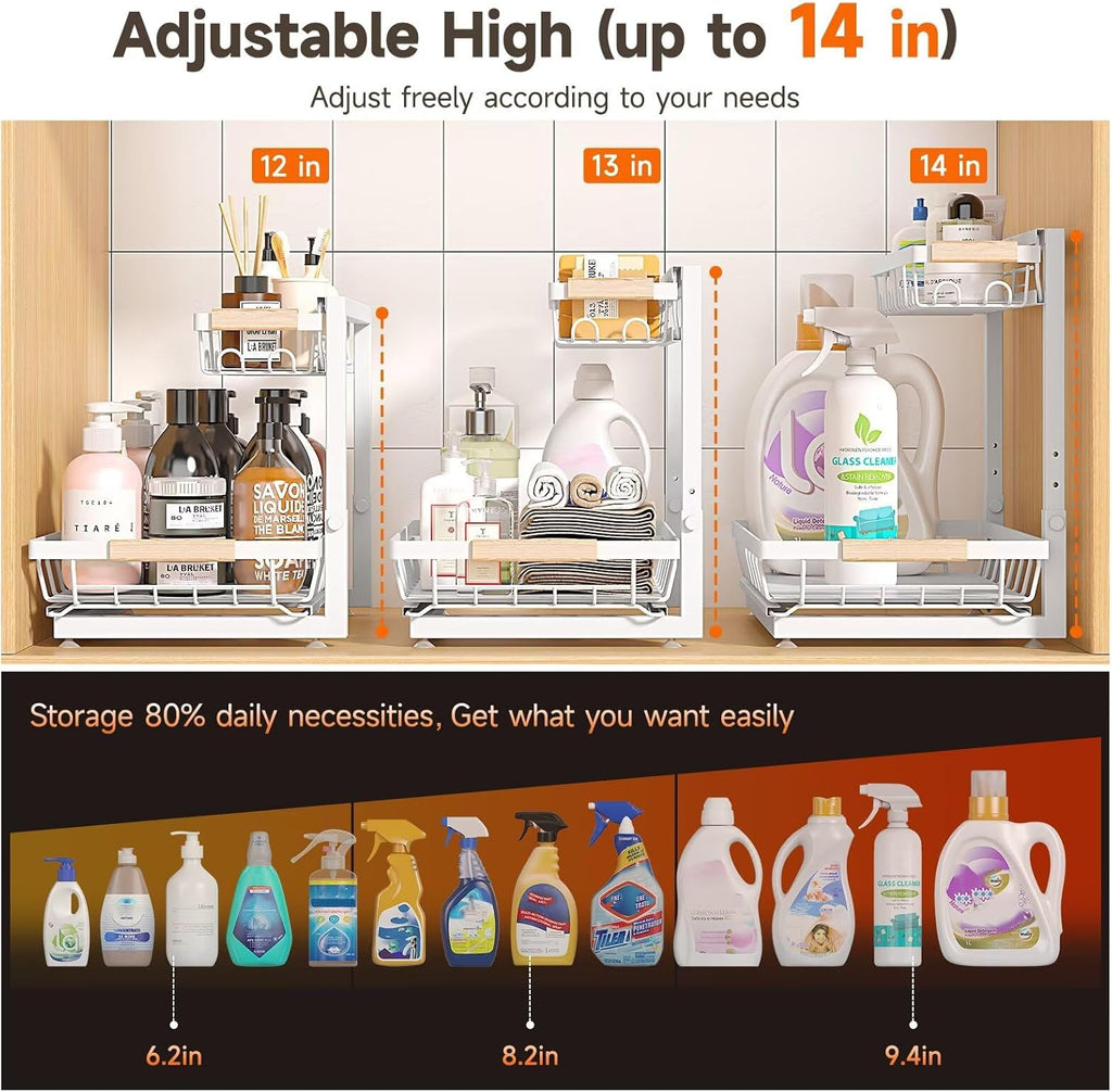 Sevenblue Under Sink Organizer - Height Adjustable 2-Tier Storage Shelf for Kitchen & Bathroom (White, Extra Large)