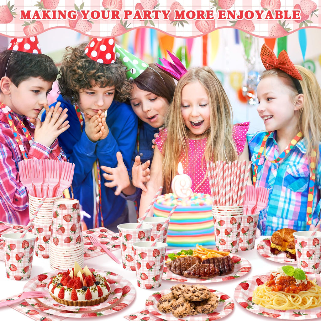 144 Pcs Strawberry Plates and Napkins Tableware Set, Plates Napkins Cups Straws and Forks Sets, Strawberry Party Birthday Supplies, Shortcake Birthday Decorations, Serves 24 Guests