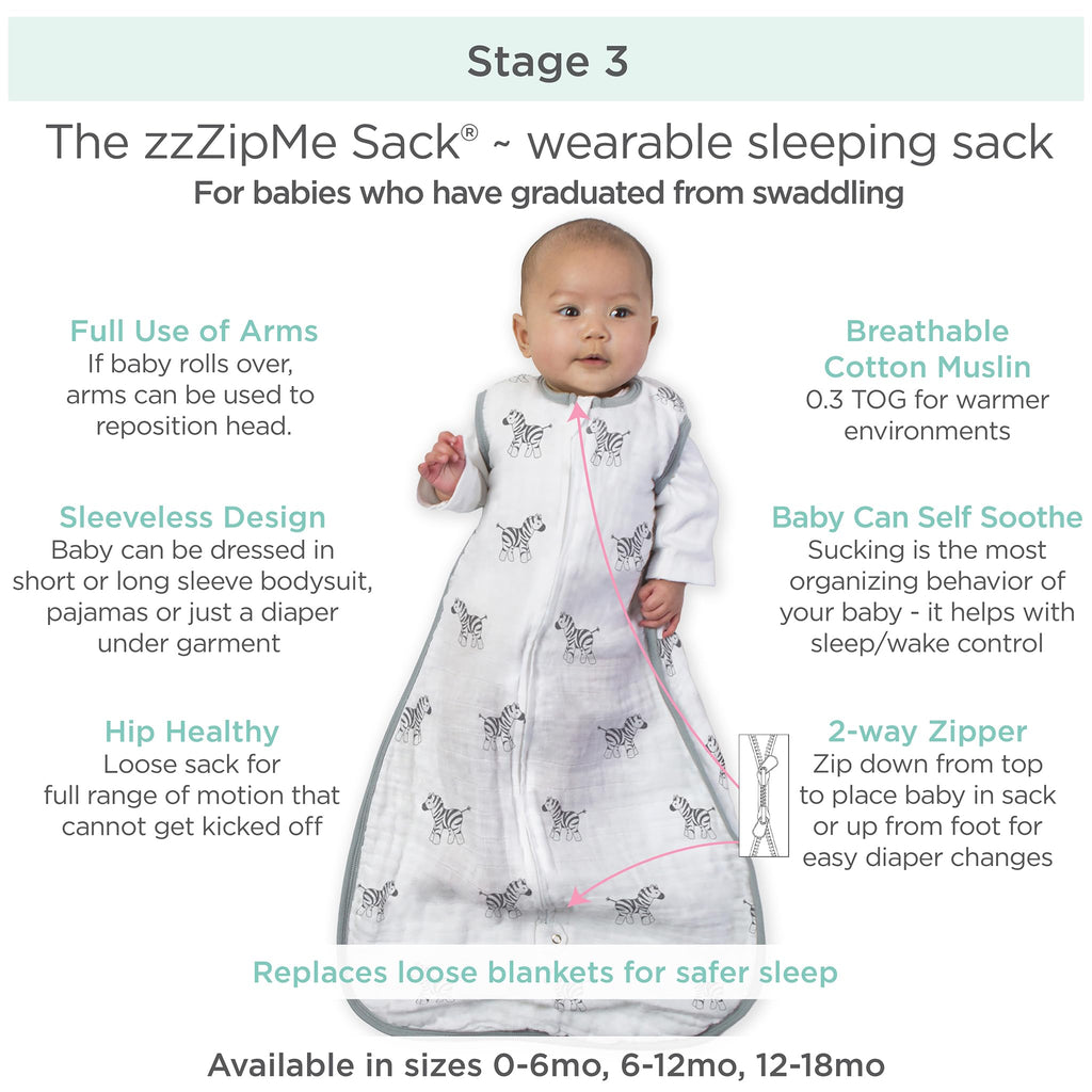 Amazing Baby Cotton Muslin Sleeping Sack, For Baby Boy or Girl, Wearable Blanket with 2-way Zipper, Zebras, Black, Medium (6-12 Month)