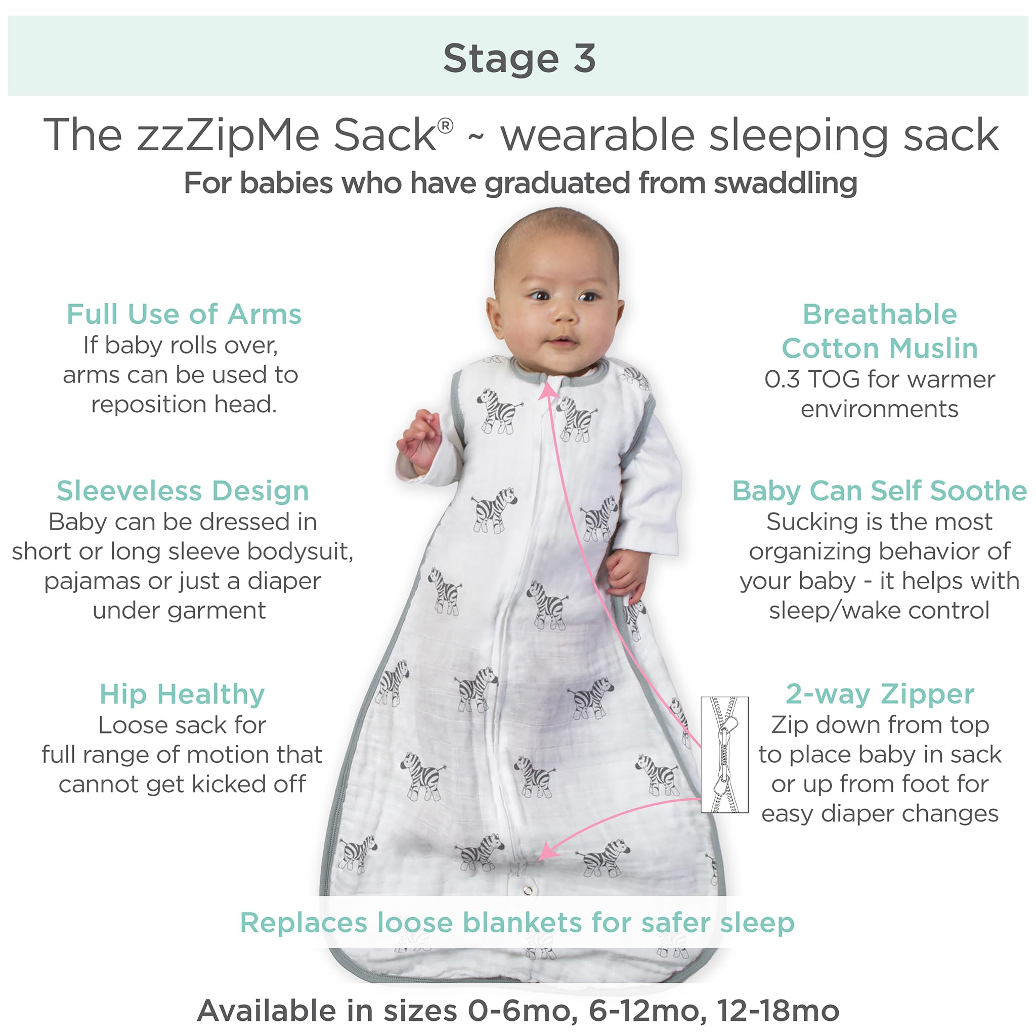 Amazing Baby Cotton Muslin Sleeping Sack, For Baby Boy or Girl, Wearable Blanket with 2-way Zipper, Zebras, Black, Medium (6-12 Month)