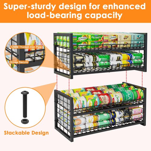 JKsmart 2-Tier Stackable Can Organizer, Extra-Long Can Rack for Pantry Storage, Adjustable Can Dispenser Holds Up to 64 Cans, Super Sturdy Holders for Various Canned Food Snacks Soda