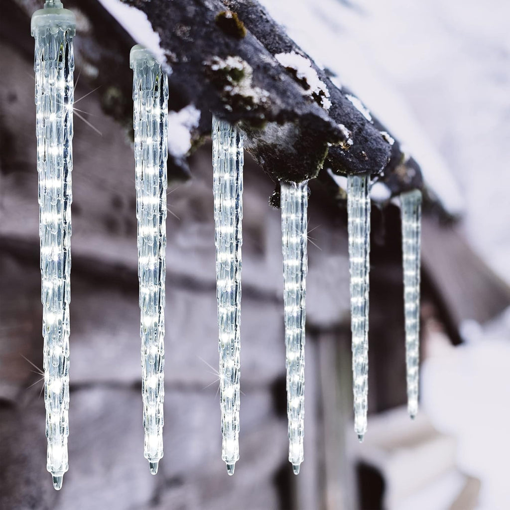 WATERGLIDE Meteor Shower Lights - 12" Outdoor Icicle Christmas Lights | 8 Icicles with 192 SMD LEDs, Connectable Raindrop Design for Holiday Decor