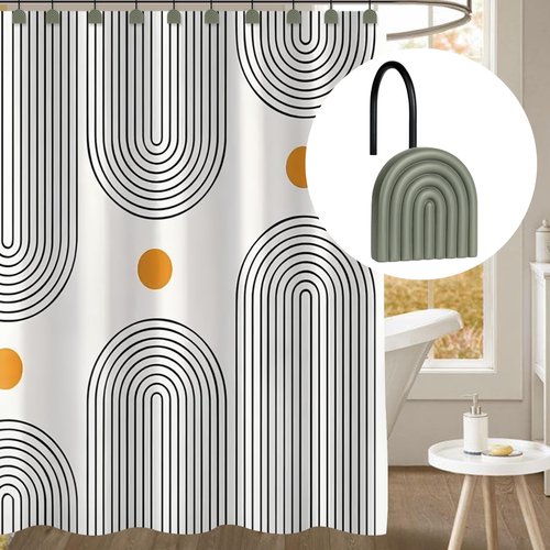 Sunlit Mid Century Modern Arch Decorative Shower Curtain Hooks, Farmhouse Geometric Grayish Green Shower Curtain Rings for Bathroom, Resin, Boho Shower Curtain Hangers Home Decor